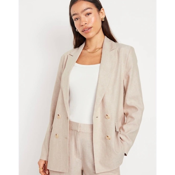 Old Navy Double-Breasted Linen-Blend Blazer Small Petite Beige Neutral - Picture 1 of 9